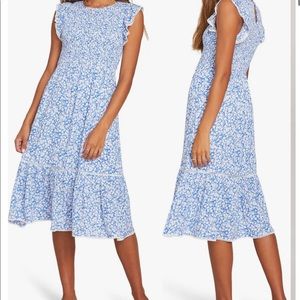 Lost + Wander Floral Smocked Blue and White Dress